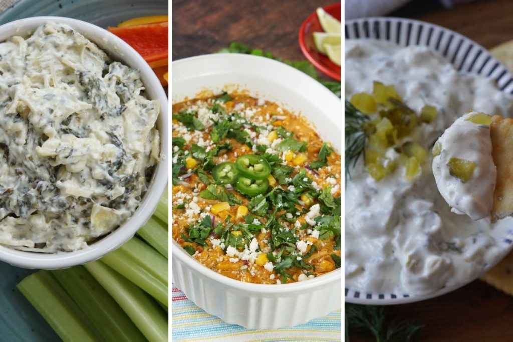 spinach artichoke dip, Mexican street corn dip, and pickle dip