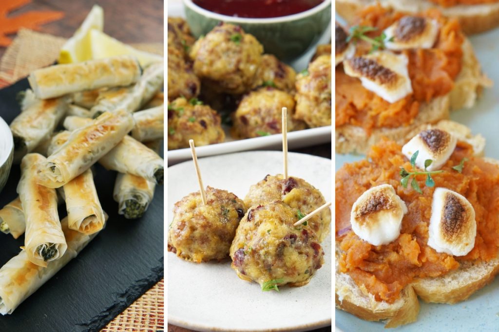 spinach phyllo rolls, sausage stuffing bites, and sweet potato and marshmallow bites