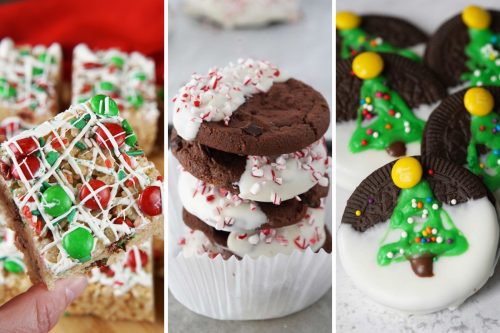 Christmas rice krispies treats, peppermint bark cookies, and chocolate dipped oreo christmas trees