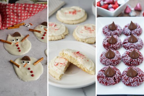 Melted snowman bark, peppermint meltaways, and red velvet kiss cookies