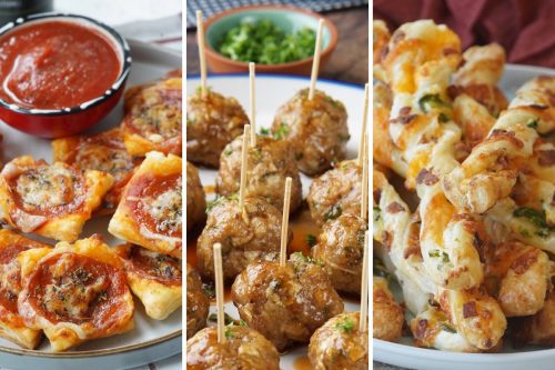 pizza squares, apple cider meatballs., and jalapeno popper twists