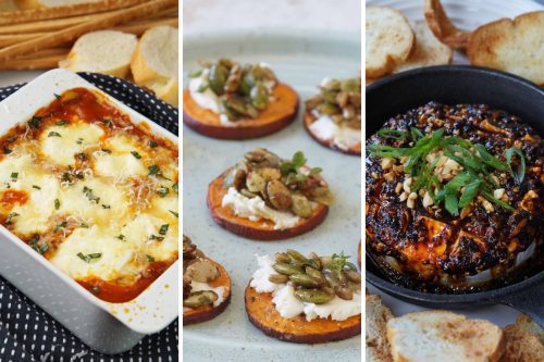 lasagna dip, sweet potato bites, and chili crunch brie