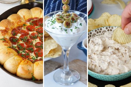 pull-apart-pepperoni-pizza-dip, dirty martini dip, and french onion dip