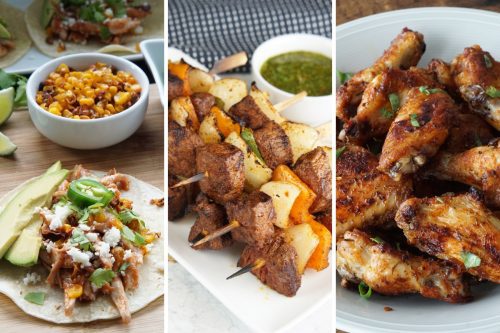 smoked chicken tacos, grilled steak kabob, and tequila lime chicken wings