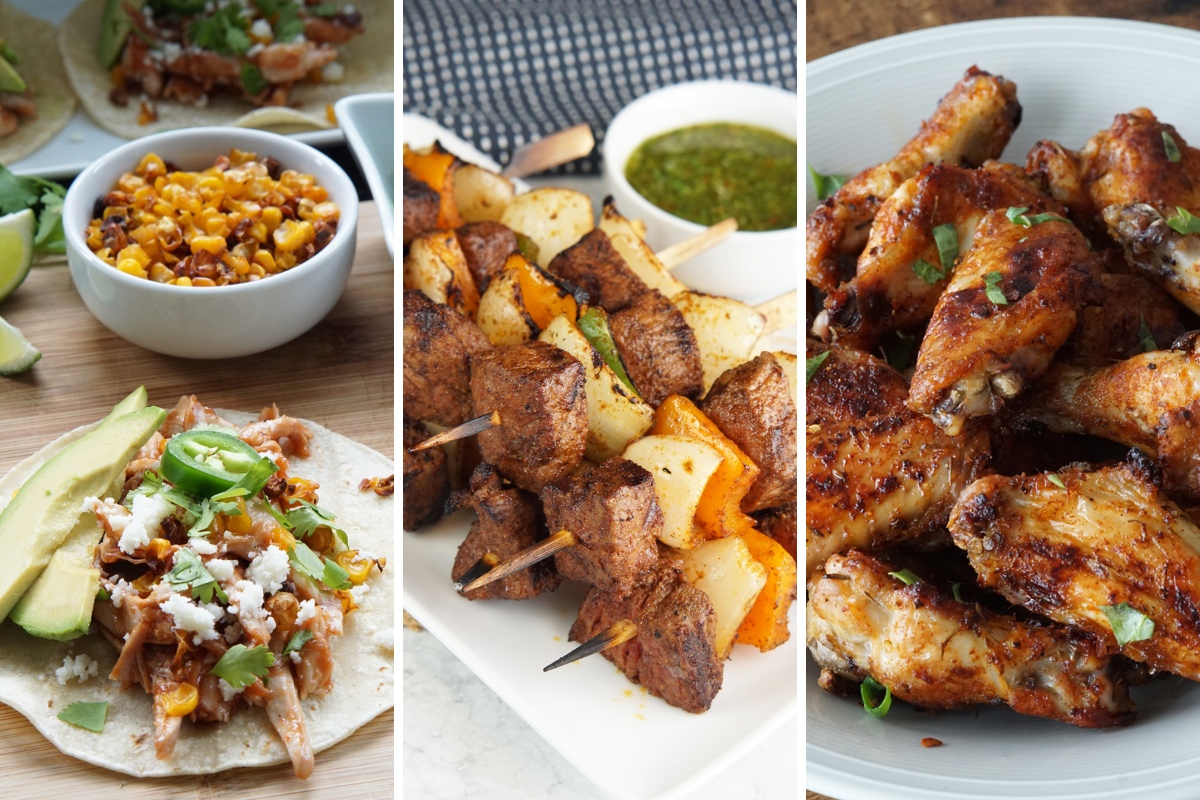 smoked chicken tacos, grilled steak kabob, and tequila lime chicken wings
