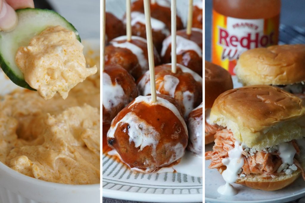 Buffalo dip, buffalo chicken meatballs, and buffalo chicken sliders