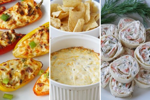 cream cheese peppers, baked green chili dip, and smoked salmon pinwheels
