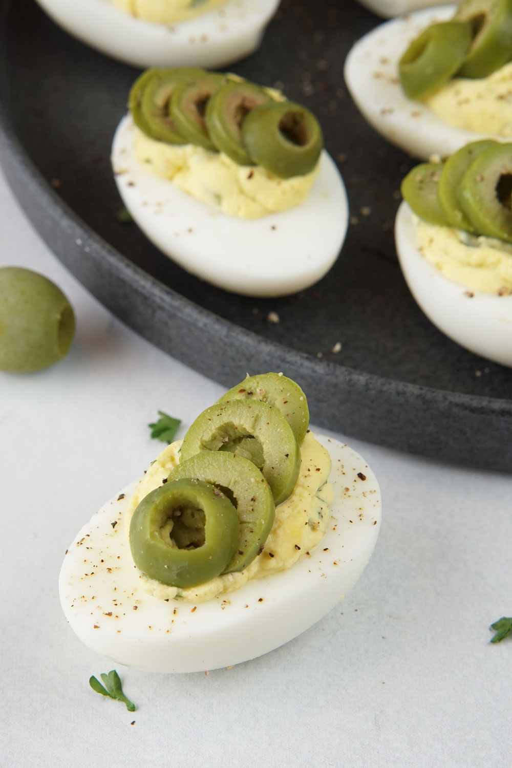 Dirty martini deviled eggs
