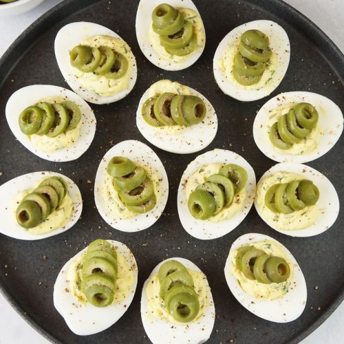 Dirty martini deviled eggs