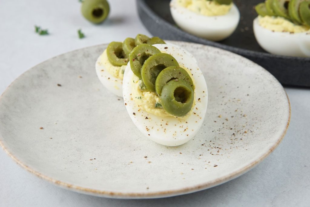 Dirty martini deviled eggs