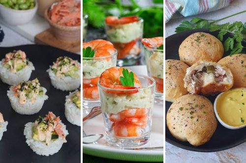 sushi cups, shrimp cocktail shot glass appetizers, and cuban bombs