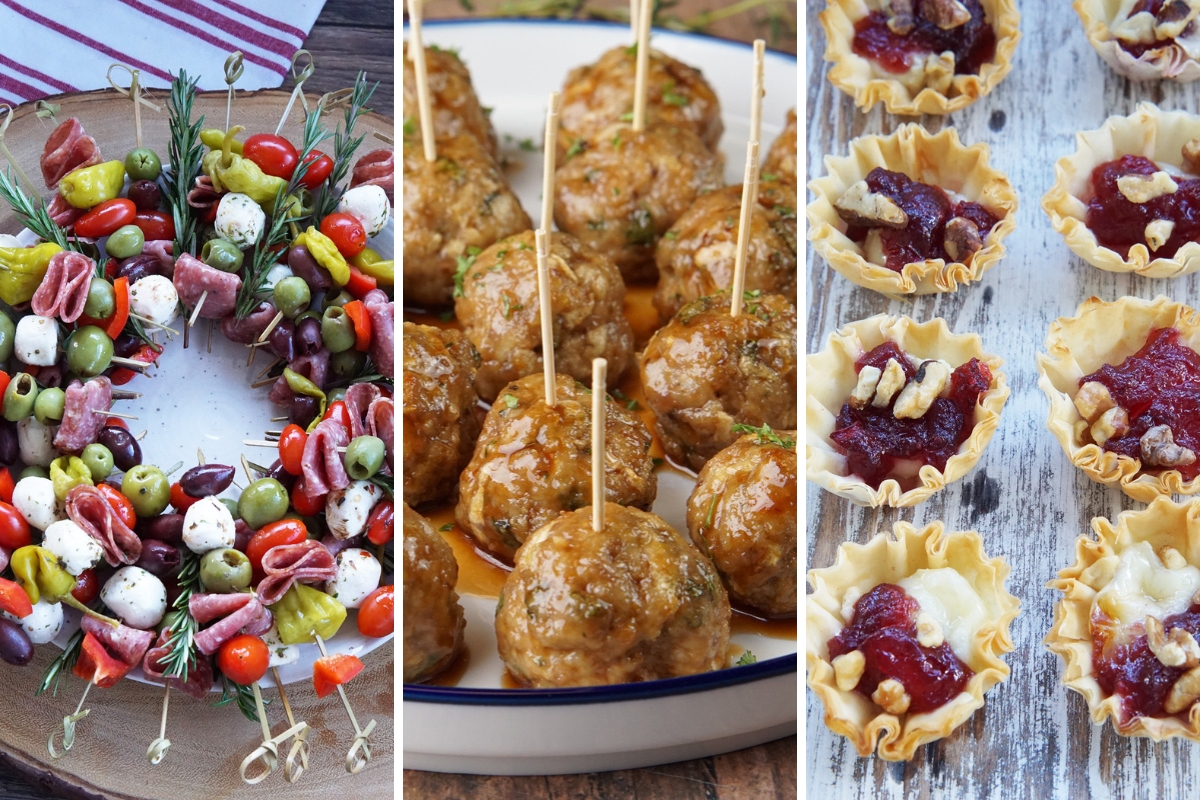 Antipasto wreath, apple cider meatballs, and cranberry tarts