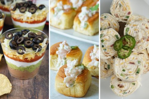 7 layer dip cups, shrimp rolls, and bacon jalapeno pinwheels