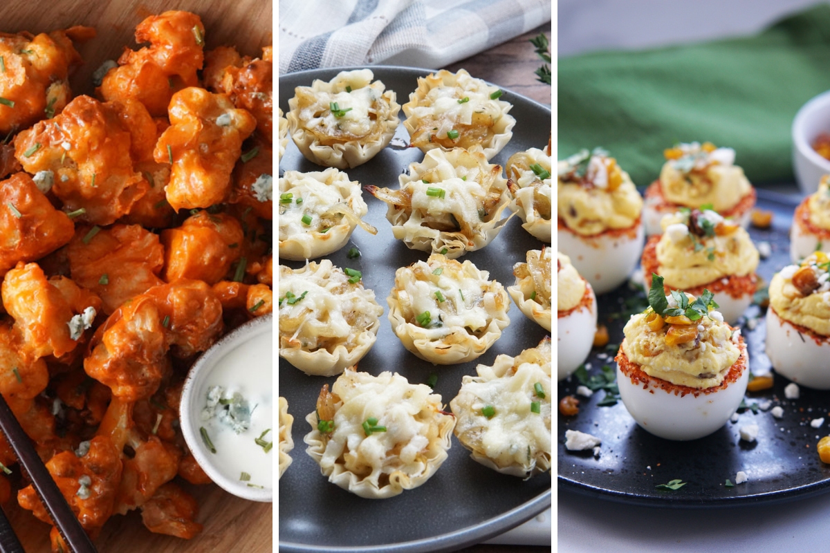 cauliflower bites, French onion bites, and Mexican street corn deviled eggs