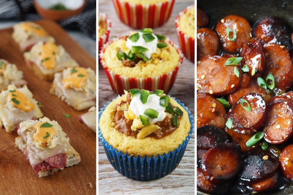 rueben bites, chili cornbread cups, peach glazed kielbasa