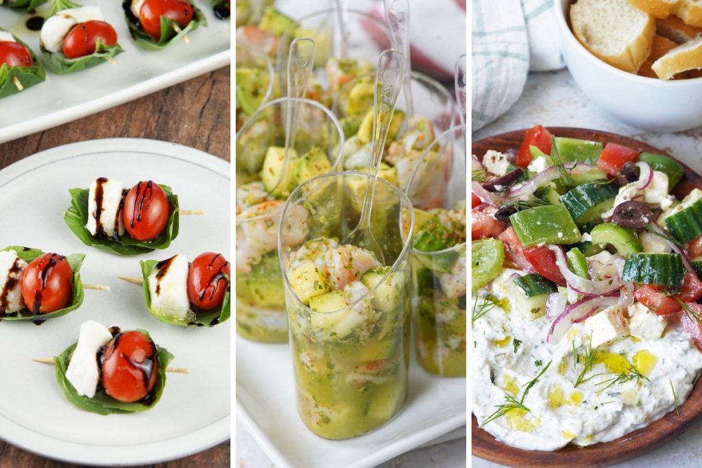 caprese bites, shrimp aguachile, and loaded tzatziki