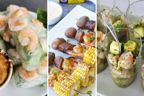 Shrimp summer rolls, shrimp boil skewers, and shrimp aguachile