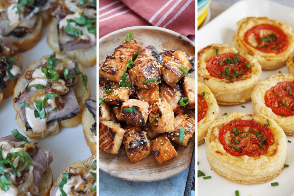roast beef canape, salmon bites, and tomato tartlets