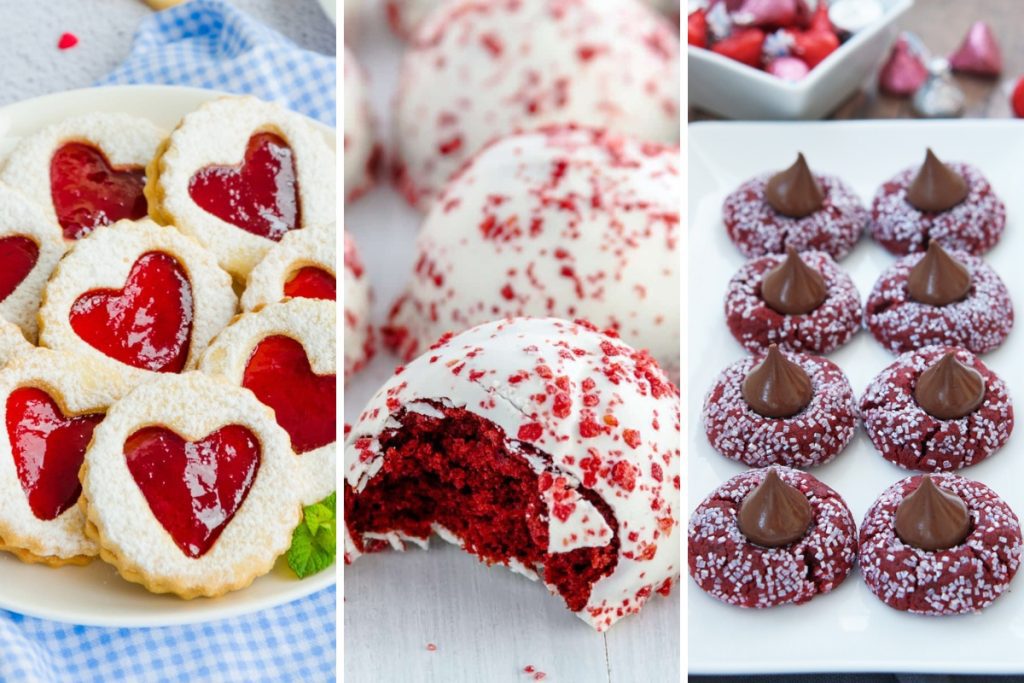 raspberry linzer cookie, red velvet truffles, and kiss cookies
