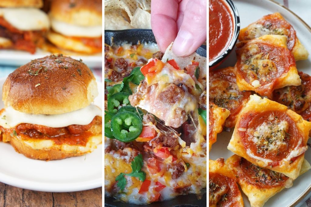 chicken parms sliders, taco dip, pizza squares