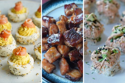 smoked salmon deviled eggs, candied smoked salmon, and salmon sushi bake bites