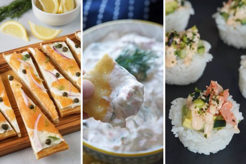 smoked salmon flatbread, smoked salmon dip, sushi cups