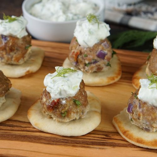 Greek meatballs on naan with tzatziki