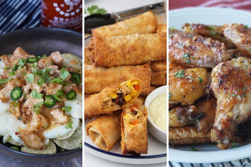 Bang bang chicken nachos, tex mex eggrolls, and cowboy butter chicken wings