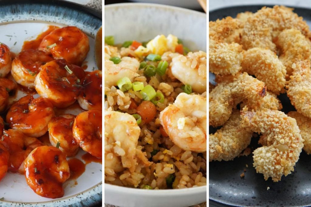honey sriracha shrimp, shrimp fried rice, and crispy shrimp