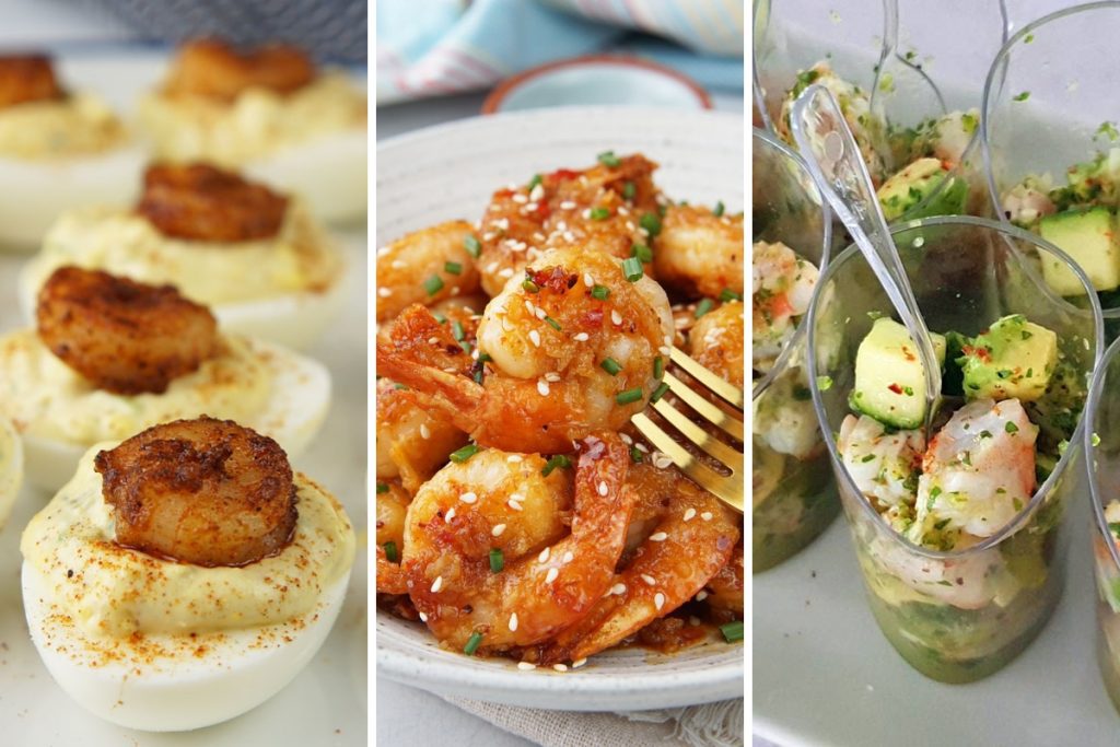Cajun shrimp deviled eggs, firecracker shrimp, and shrimp aguachile
