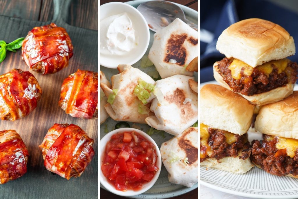bacon wrapped meatballs, mini crunch wraps, and sloppy joe sliders