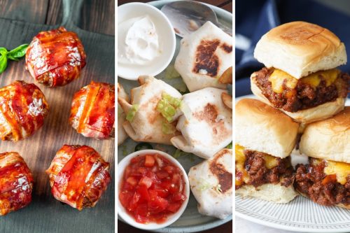 bacon wrapped meatballs, mini crunch wraps, and sloppy joe sliders