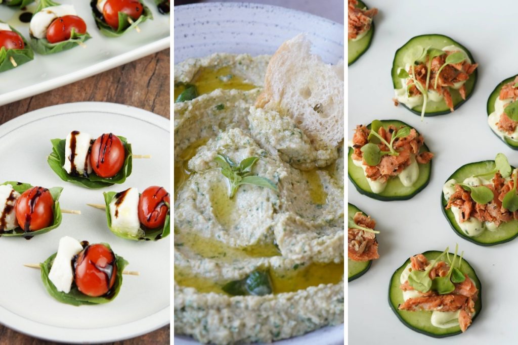 caprese bites, artichoke hummus, and smoked salmon cucumber bites