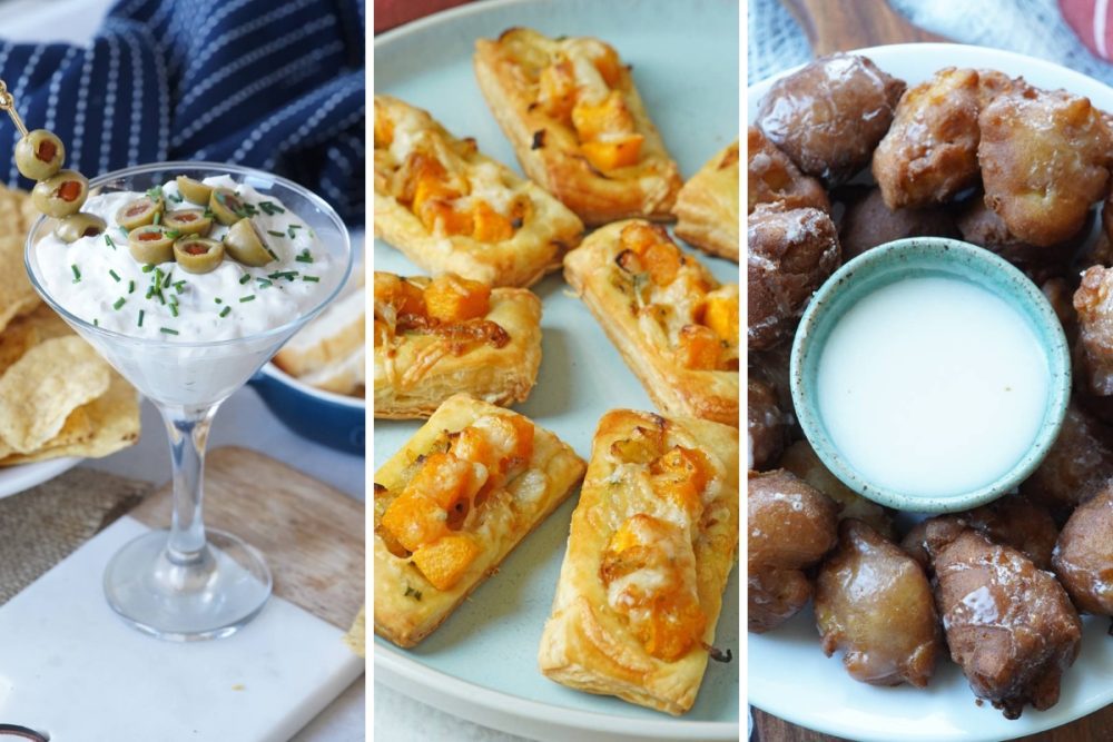 martini dip, pumpkin puff pastry bites, and mini apple fritters