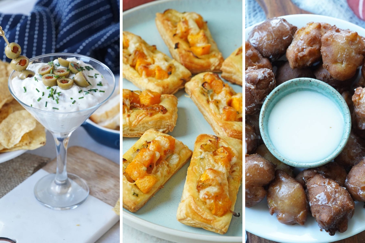 martini dip, pumpkin puff pastry bites, and mini apple fritters