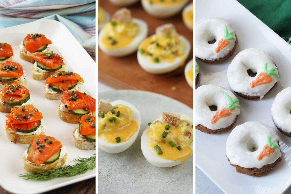 smoked salmon crostini, eggs benedict deviled eggs, and carrot cake donuts