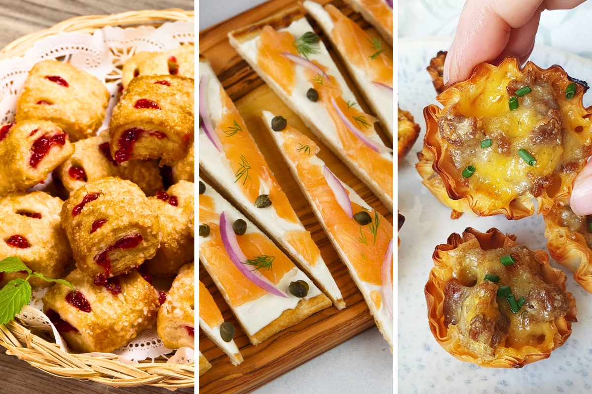 raspberry puff pastry bites, smoked salmon flatbread, and sausage phyllo bites