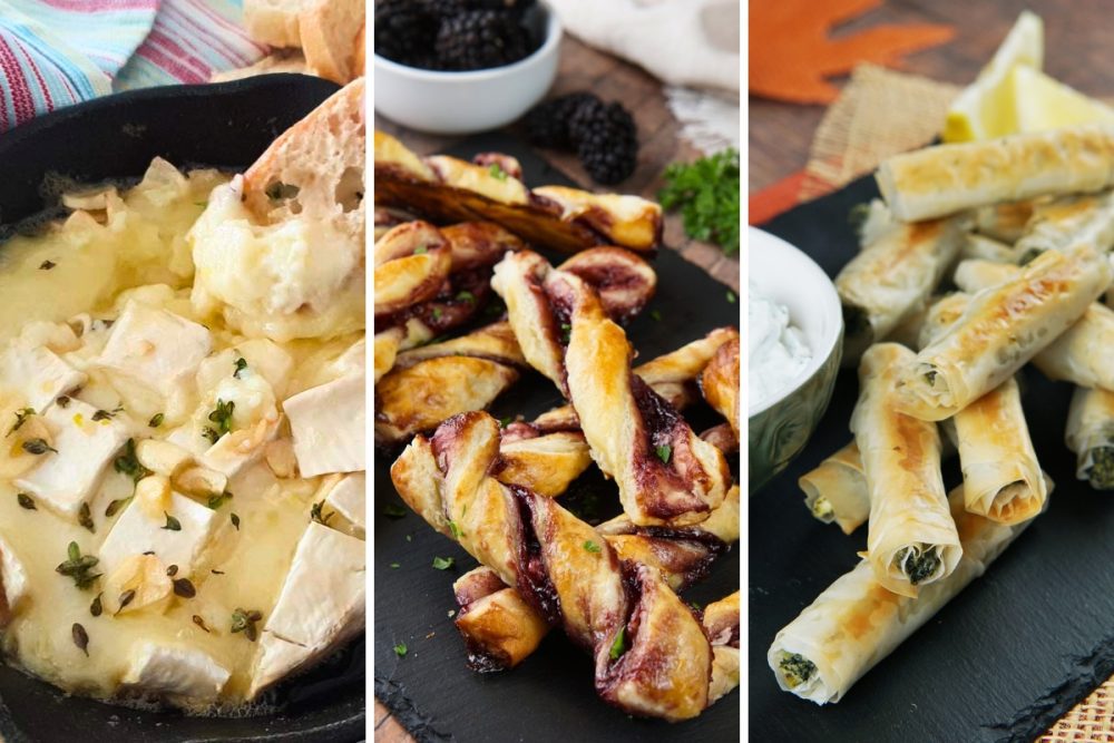 garlic butter brie, blackberry goat cheese puff pastry sticks, and spinach phyllo rolls