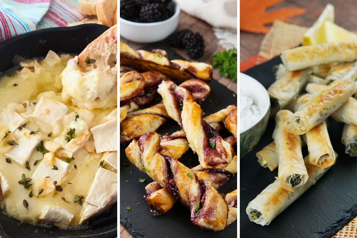 garlic butter brie, blackberry goat cheese puff pastry sticks, and spinach phyllo rolls