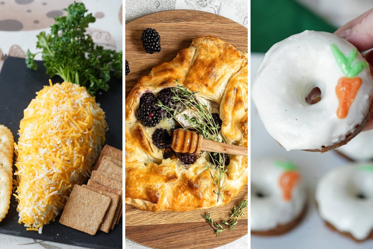 cream cheese carrot appetizer, blackberry galette, and carrot cake donuts