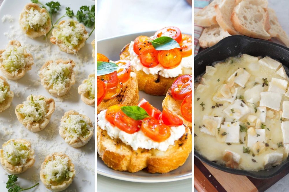 asparagus tartlets, ricotta and tomato crostini, and garlic butter baked brie