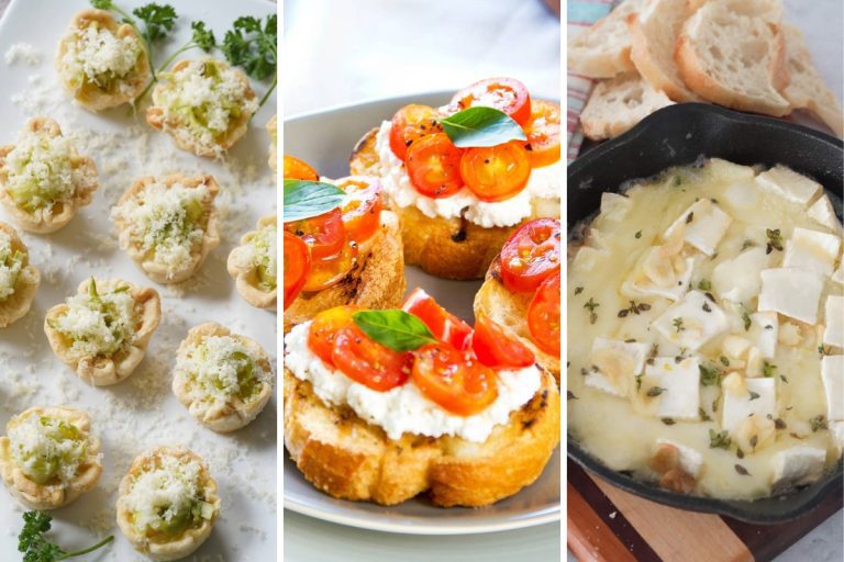 asparagus tartlets, ricotta and tomato crostini, and garlic butter baked brie