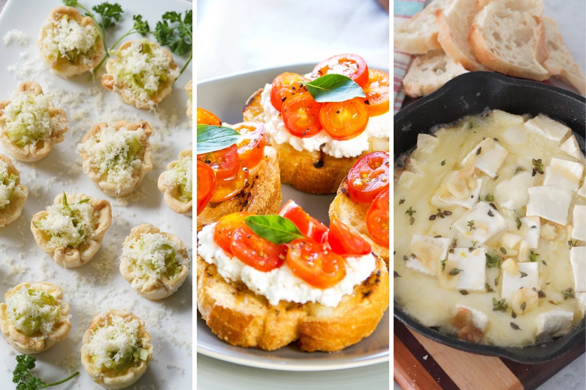 asparagus tartlets, ricotta and tomato crostini, and garlic butter baked brie