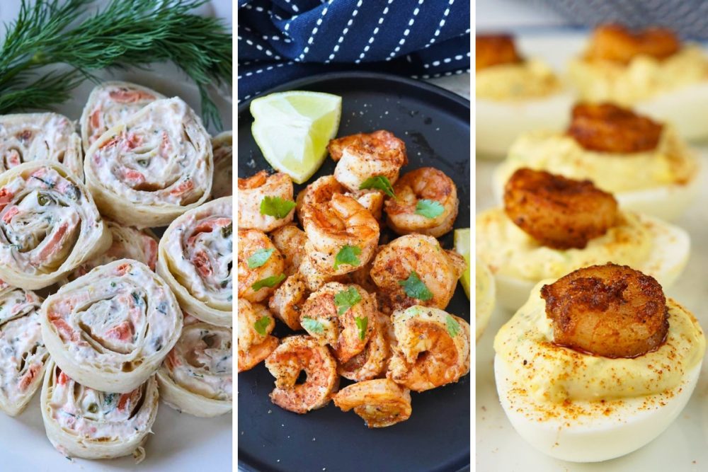 smoked salmon pinwheels, tequila shrimp, and Cajun shrimp deviled eggs