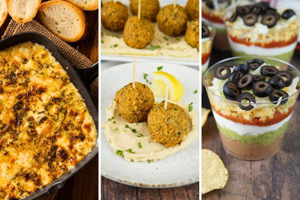 fontina dip, falafel and hummus appetizer, and 7 layer dip
