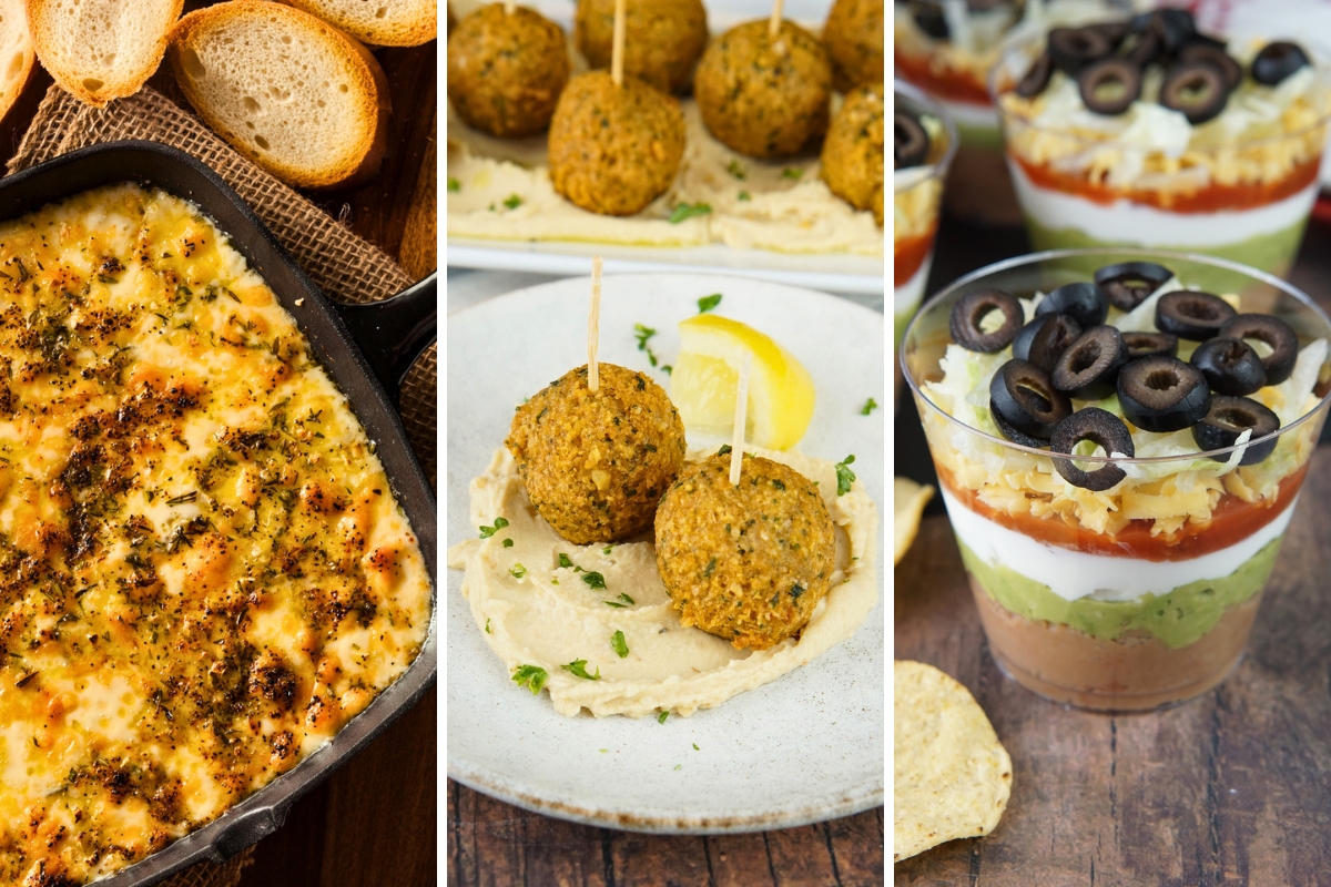 fontina dip, falafel and hummus appetizer, and 7 layer dip
