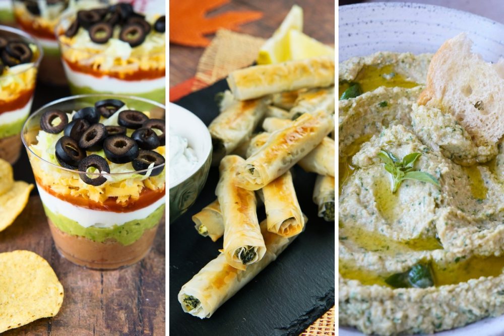 7 layer dip, spinach feta phyllo rolls, spinach artichoke hummus