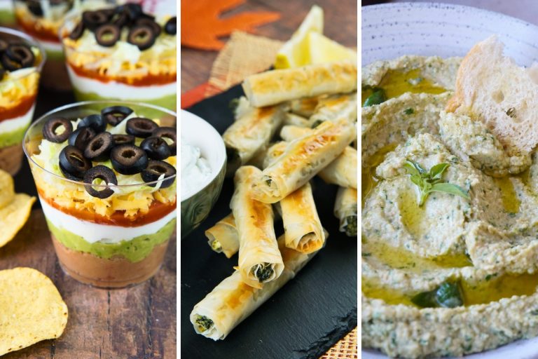 7 layer dip, spinach feta phyllo rolls, spinach artichoke hummus