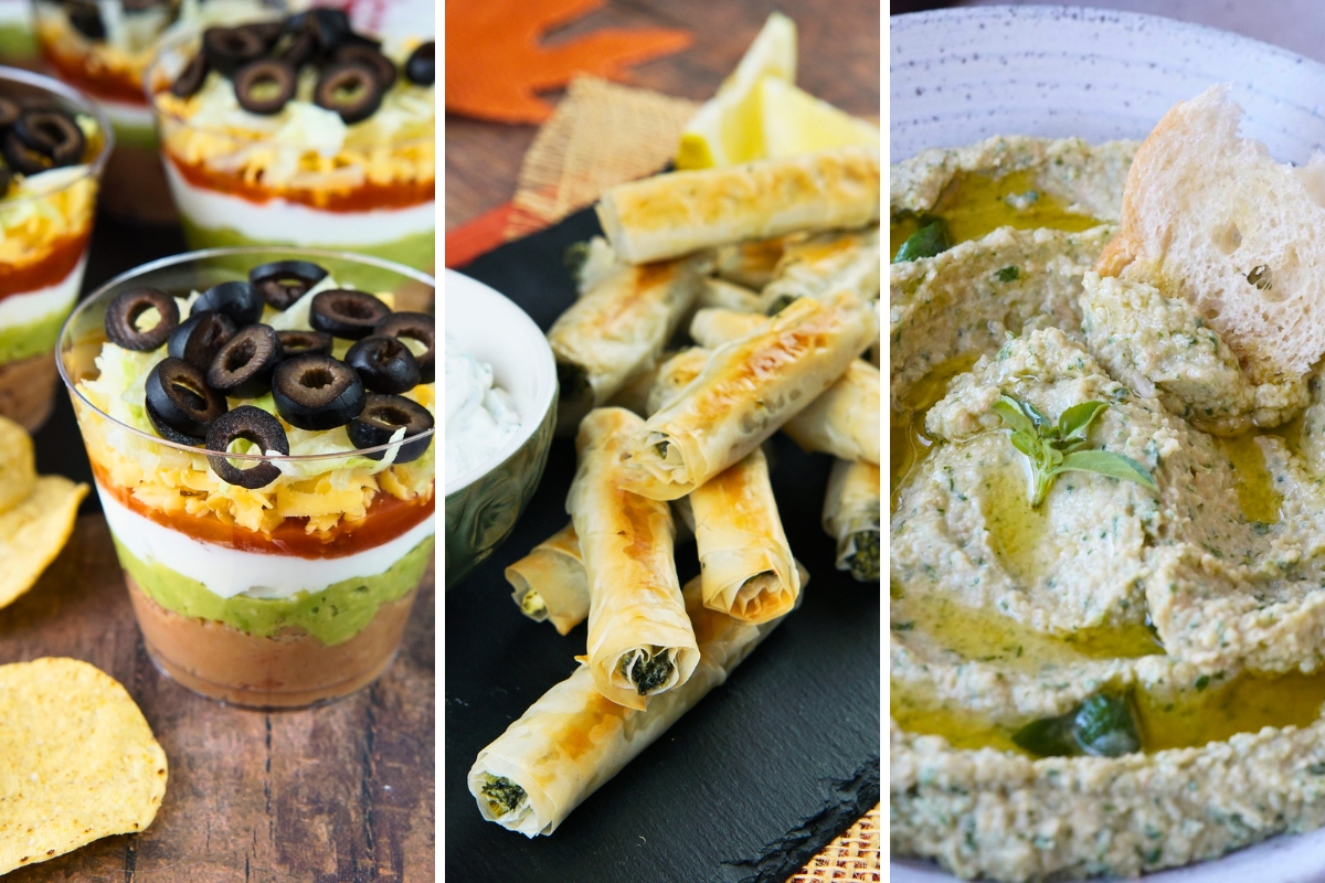 7 layer dip, spinach feta phyllo rolls, spinach artichoke hummus