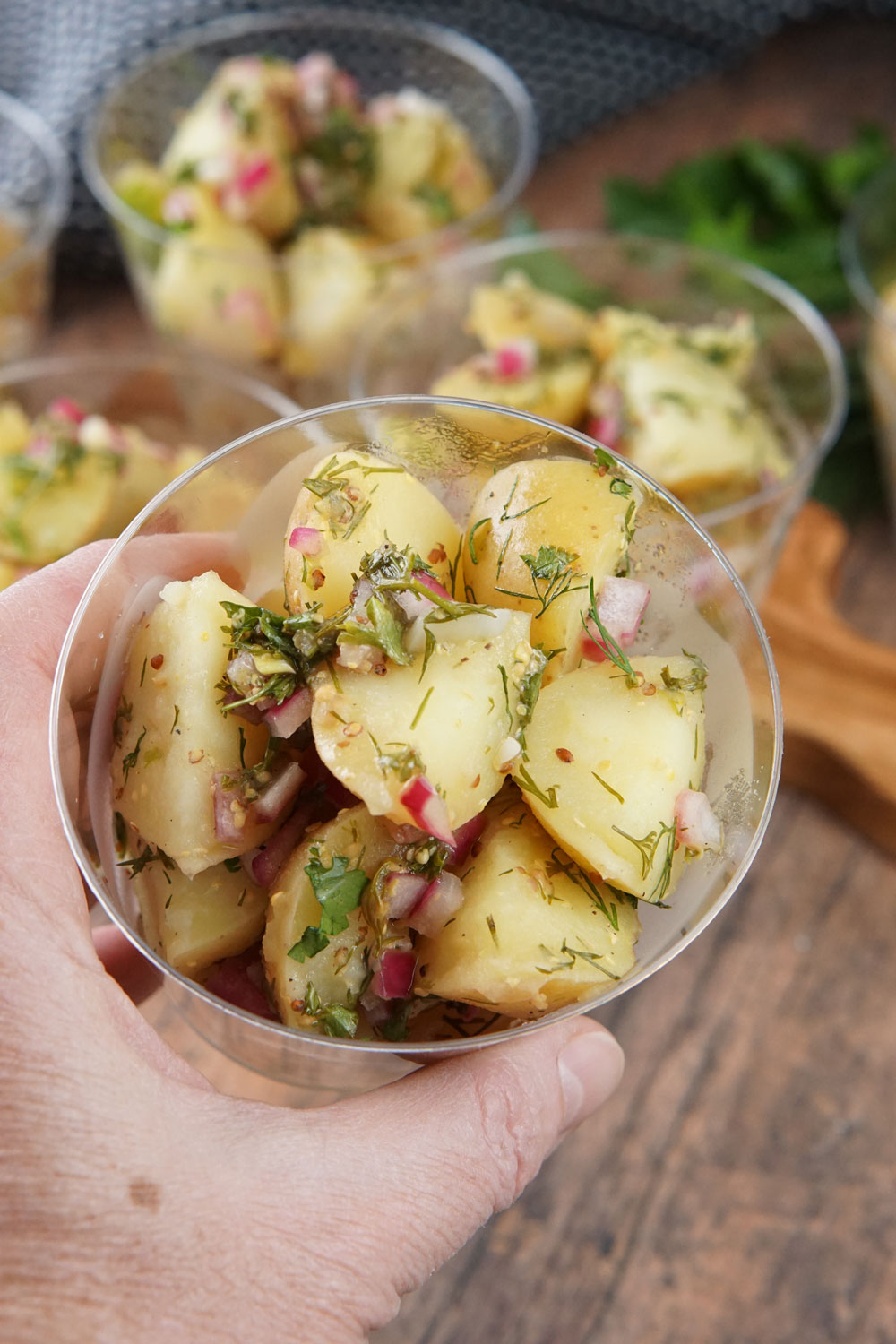 Warm potato salad cups